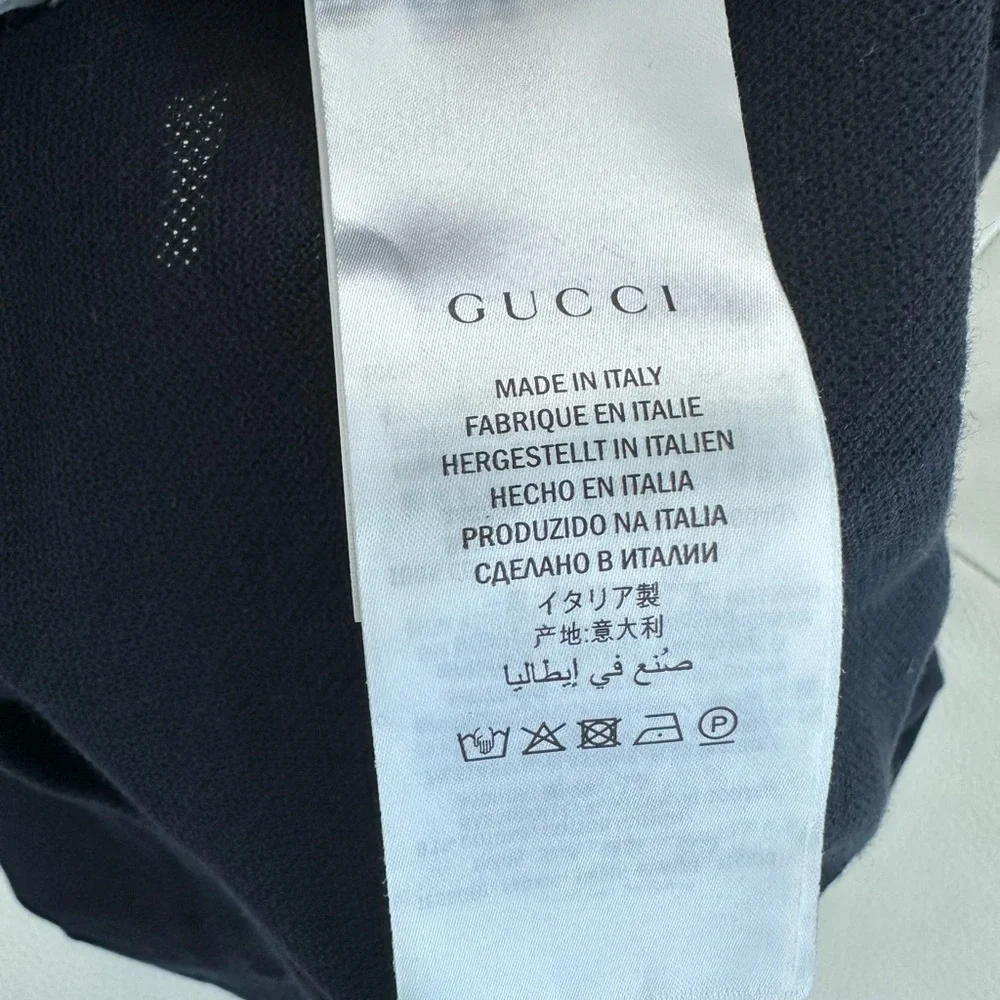 Gucci Black Polo with Red Striped Collar and Multicolor Embroidered Motifs